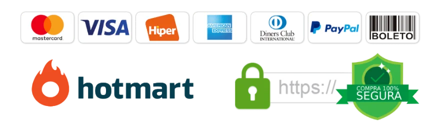 Formas de pagamento: Mastercard, Visa, Hiper, American Express, Diners Club, PayPal, Boleto. Pagamento seguro via Hotmart.